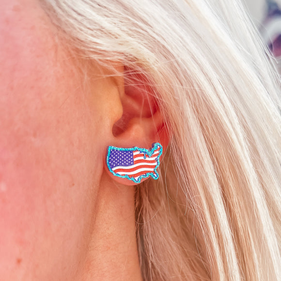USA Flag 4th of July Glitter Stud Earrings