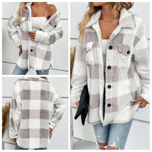 Cozy Fuzzy Plaid Shacket - Gray & White | S-XXL