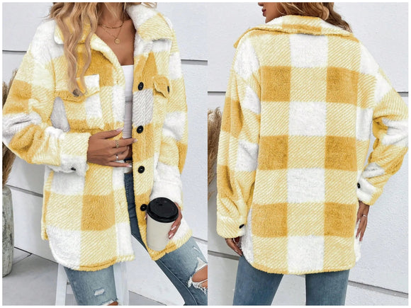 Cozy Fuzzy Plaid Shacket - Yellow & White | S-XXL