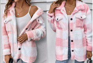 Cozy Fuzzy Plaid Shacket - Pink & White | S-XXL