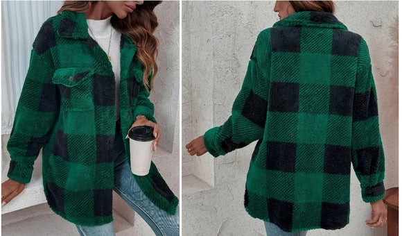 Cozy Fuzzy Plaid Shacket - Green & Black | S-XXL