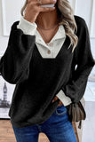 Contrast Quarter Button Round Neck Long Sleeve Top