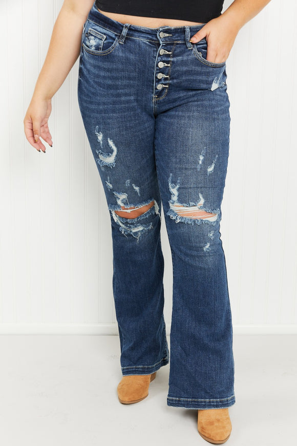 Judy Blue Ophelia Mid-Rise Destroyed Flare Jeans | Sizes 0-15 & 14W-24W
