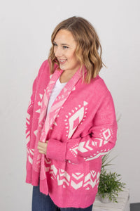 IN STOCK Pink and White Aztec Cowl Cardigan  |  S-2X