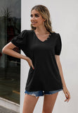 V-Neck Decorative Buttons Puff Sleeve Tee  |  S-XL