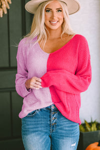 Contrast Color V-Neck Long Sleeve Pullover Sweater  |  S-XL