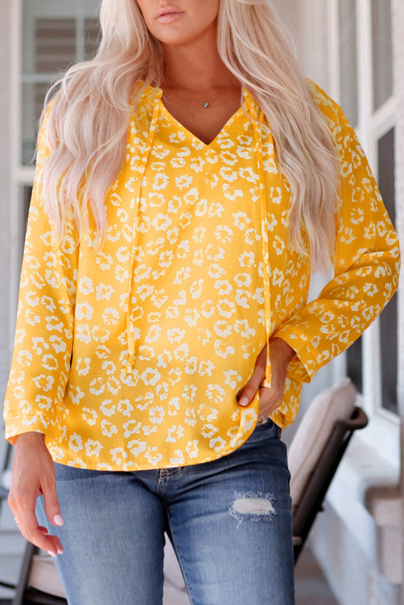 Floral Yellow Tie-Neck, Long Sleeve Blouse  |  S-XL