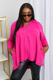 Zenana Bright and Airy Raw Edge Peplum Shirt with Pockets in Hot Pink