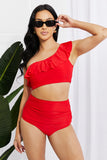 Marina West Swim Seaside Romance Ruffle One-Shoulder Bikini in Red | S-2X