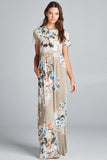 Terrah Taupe Floral Short Sleeve Maxi Dress