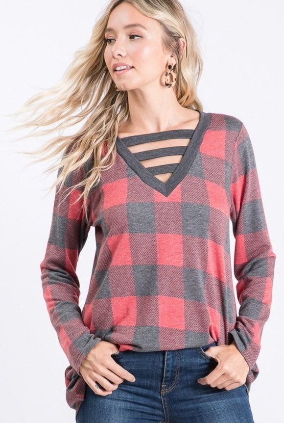 Red & Charcoal Buffalo Plaid Cage Neck Top