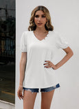 V-Neck Decorative Buttons Puff Sleeve Tee  |  S-XL