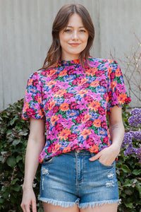Floral Print Puff Sleeve Round Neck Blouse  |  S-XL