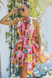 Floral Polka Dot Belted Sleeveless Mini Dress