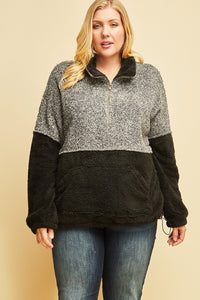 FINAL SALE *Curvy XL-2X* Black/Grey Two-Tone Sherpa 1/2-Zip Pullover with Pockets
