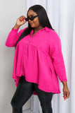 Zenana Bright and Airy Raw Edge Peplum Shirt with Pockets in Hot Pink