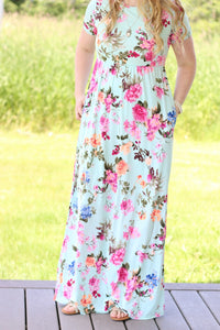 Misty Mint Floral Short Sleeve Maxi Dress